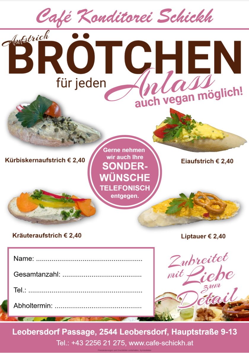 Flyer „Aufstrich-Brötchen für jeden Anlass – auch vegan möglich“: Kürbiskernaufstrich, Eiaufstrich, Kräuteraufstrich und Liptauer je € 2,40, mit Bestellfeldern für Name, Gesamtanzahl, Telefon und Abholtermin