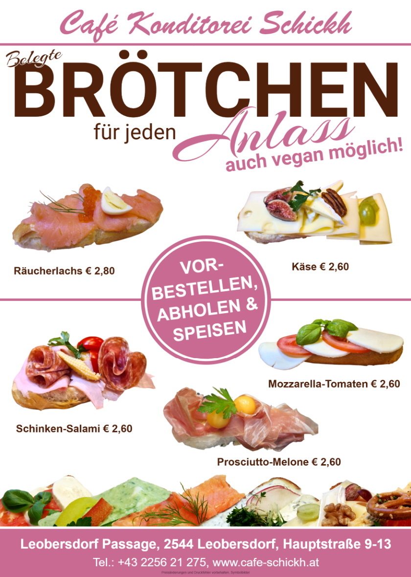 Flyer „Belegte Brötchen für jeden Anlass – auch vegan möglich“: Räucherlachs € 2,80, Käse, Mozzarella-Tomaten, Schinken-Salami und Prosciutto-Melone je € 2,60