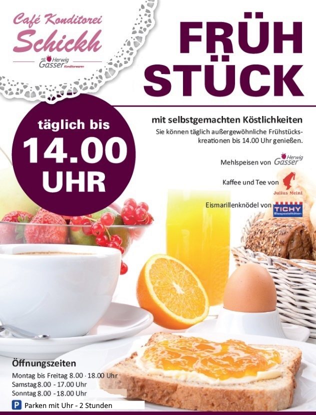 Frühstücksflyer des Café Schickh: täglich bis 14.00 Uhr, mit Kaffee, Orangensaft, Ei und Marmeladebrot sowie Öffnungszeiten und Parkhinweis