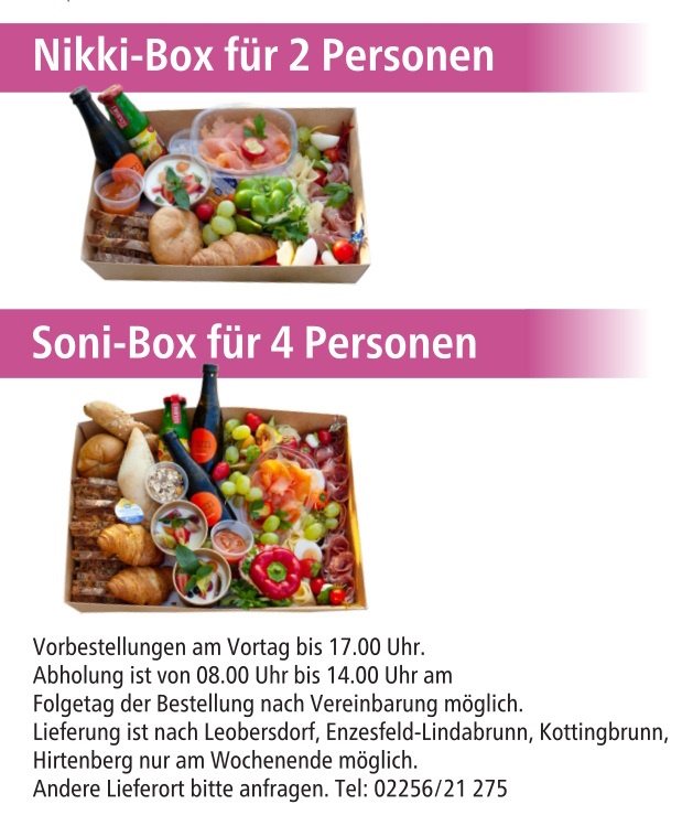 Flyer: Nikki-Box für 2 Personen und Soni-Box für 4 Personen – Frühstücksboxen mit Gebäck, Aufschnitt, Obst und Getränken