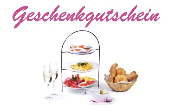 Geschenkgutschein des Café Schickh mit Frühstücksetagere, Prosecco und Gebäckkorb