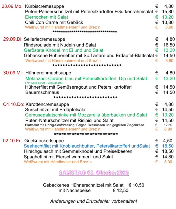 Menüplan der Woche vom 28.9. bis 3.10.2026 mit Suppen und Hauptspeisen von Montag bis Freitag und dem Samstag-Gericht samt Preisen